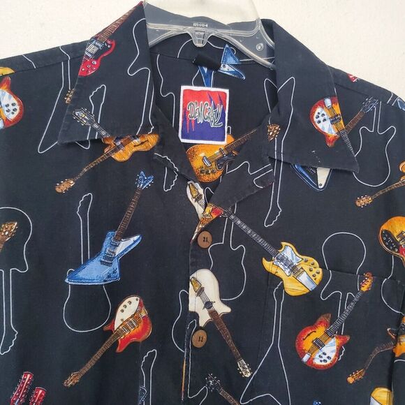 Vintage Dem Crazy Shirt Mens L Guitar All Over Print Button Up Short Sleeve Blk - Picture 2 of 16